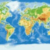 Colourful world map highlighting continents and countries with elevation and terrain features.